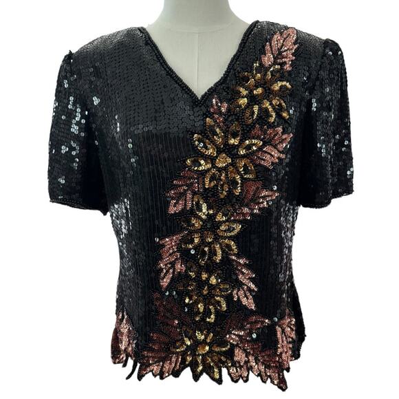 Vintage Stenay Sequenced Silk Black rose gold short sleeved formal top size XL - Picture 1 of 15